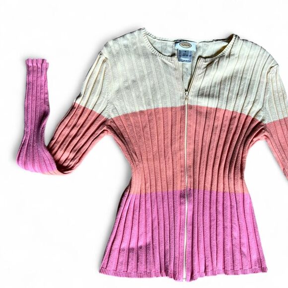 Vintage Talbots pink, yellow, orange, striped and ribbed, full-zip sweater - Picture 1 of 8
